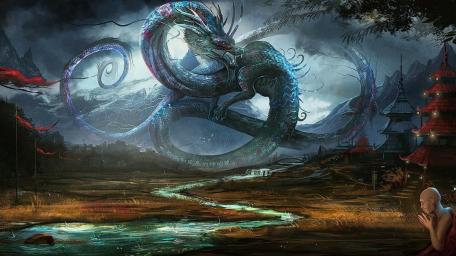 Majestic Sky Serpent in Mystic Lands wallpaper