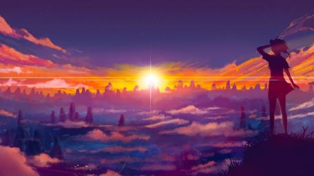 Serene Sunset Over Anime Fantasy Landscape wallpaper