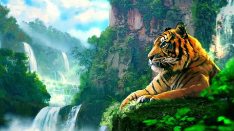 Tiger's Tranquil Oasis in Nature's Embrace wallpaper