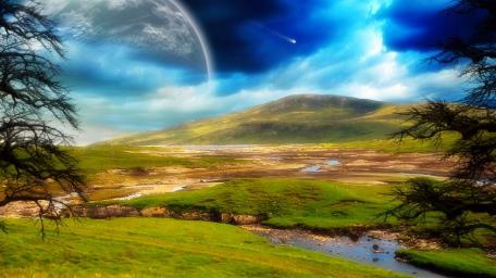 Majestic Fantasy Landscape with Cosmic Elements wallpaper