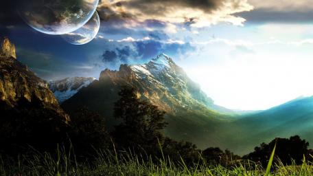Mystical Landscape Under Twin Moons wallpaper
