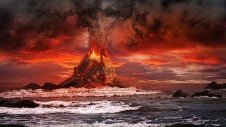 Erupting Volcano Against a Fiery Sky wallpaper