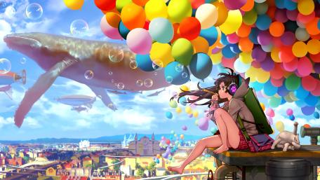Whimsical Sky Adventure with Balloons and Whales wallpaper