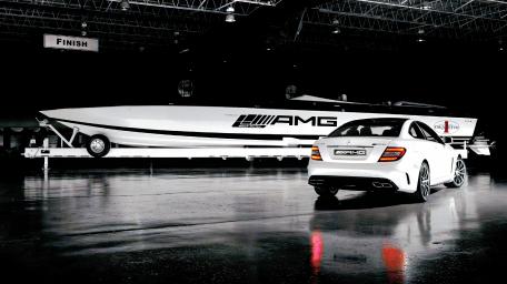 Sleek Mercedes AMG Sports Car and Speedboat Fusion wallpaper