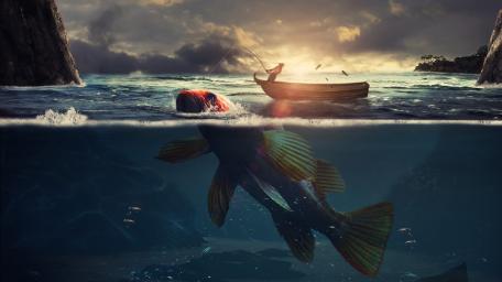Fishing for Dreams in a Surreal Sunrise wallpaper