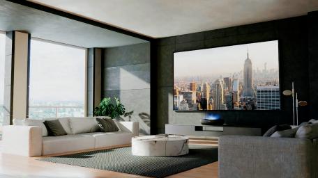 Modern Luxury Living Room with City Views wallpaper