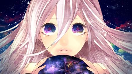 Dreamy Vocaloid Girl in a Cosmic Embrace wallpaper