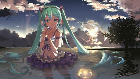 Enchanting Anime Girl Amongst Twilight Waters wallpaper