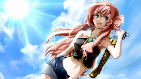 Vibrant Anime Girl with Bright Blue Sky wallpaper