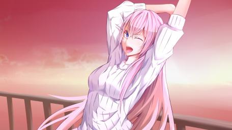 Charming Megurine Luka in a Dreamy Sunset Landscape wallpaper