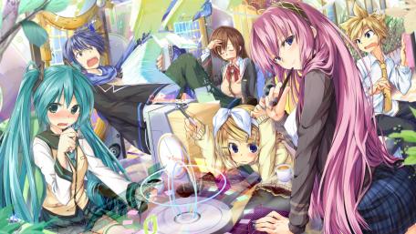 Anime Party with Vocaloid Characters Featuring Megurine Luka and Hatsune Miku wallpaper