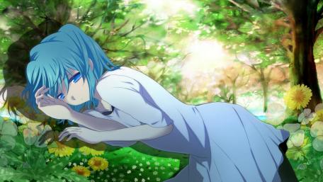 Serene Anime Girl in a Lush Garden Scene wallpaper