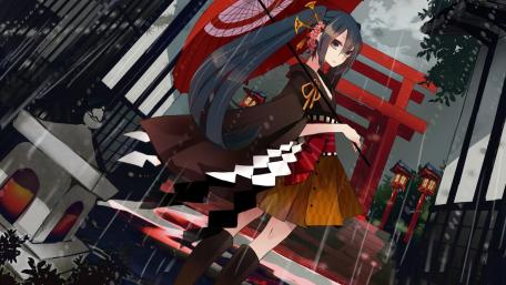 Miku in a Rainy Landscape with Torii Gates wallpaper