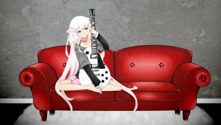 Anime Girl With Guitar on Cozy Couch Artwork wallpaper
