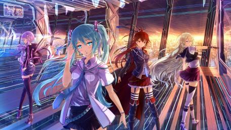 Vibrant Vocaloid Adventure in a Futuristic Cityscape wallpaper