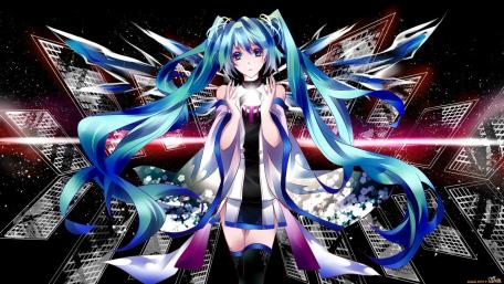 Vibrant Hatsune Miku in a Futuristic Fantasy Scene wallpaper