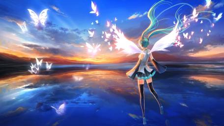 Ethereal Anime Girl Surrounded by Butterflies in a Dreamy Landscape wallpaper