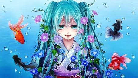 Enchanting Hatsune Miku Surrounded by Fish and Flowers wallpaper