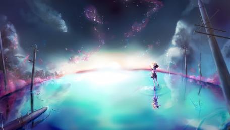 Dreamy Anime Horizon Reflection at Night wallpaper