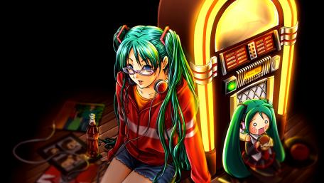 Vibrant Anime Girl Next to Jukebox Scene wallpaper