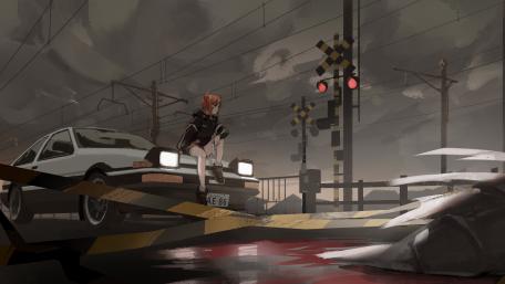 Anime Encounter at the Dusk-lit Crossing wallpaper