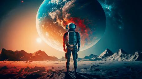 Cosmic Voyager Gazing at Alien Horizon wallpaper