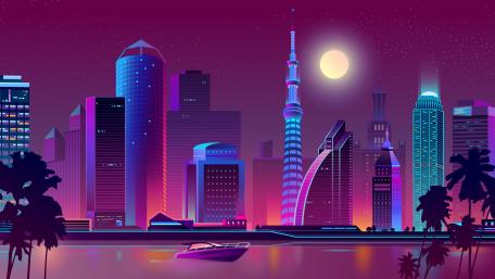 Neon Metropolis Under a Starry Sky wallpaper