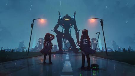 Robotic Sentry in Rainy Futuristic Metropolis wallpaper