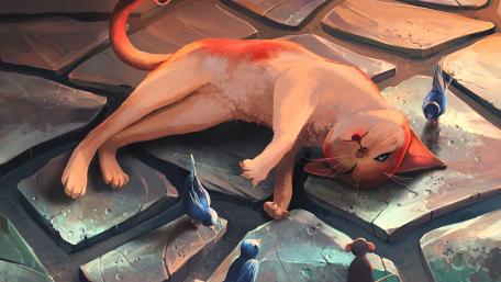 Whimsical Cat Amongst Curious Birds wallpaper