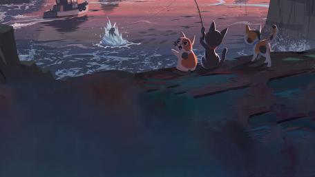 Fishing Fun with Adorable Anime Pets wallpaper