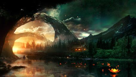Mystical Gateway in a Verdant Fantasy Realm wallpaper