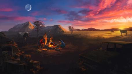 Nostalgic Countryside Sunset Campfire Scene wallpaper