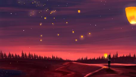 Twilight Serenity with Floating Lanterns wallpaper