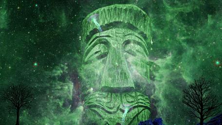 Enchanted Emerald Sentinel in a Psychedelic Dreamscape wallpaper