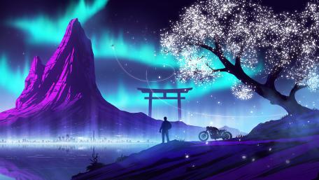 Synthwave Spring Night Under Aurora Skies wallpaper