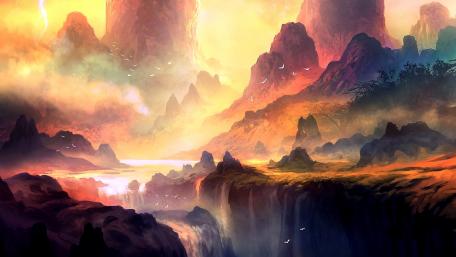 Enchanting Waterfalls in a Dreamlike Fantasy Landscape wallpaper