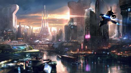 Futuristic Cyberpunk Cityscape at Dusk wallpaper