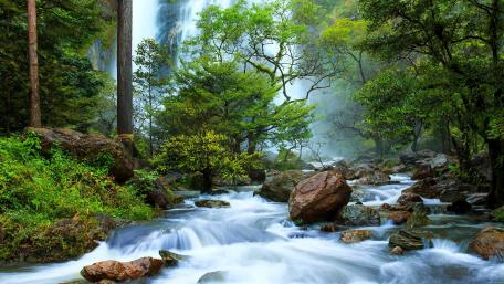 Majestic Waterfall in Lush Greenery wallpaper