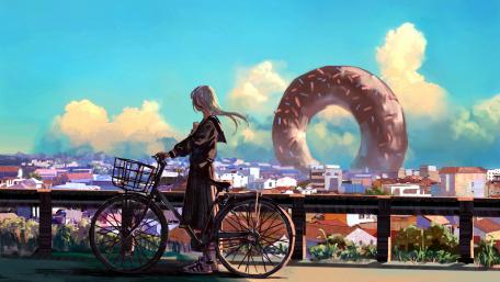 Dreamy Cityscape with Giant Donut Adventure wallpaper