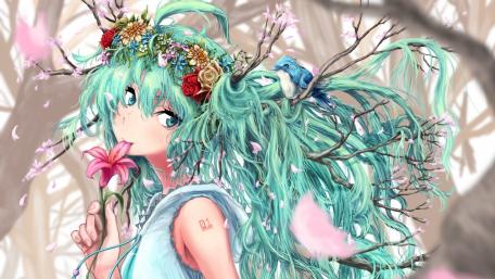 Enchanting Hatsune Miku in a Dreamy Forest Scene wallpaper
