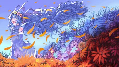 Whimsical Adventure with Hatsune Miku in Blooming Paradise wallpaper