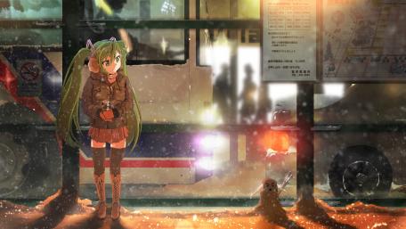 Anime Girl Waiting at the Snowy Bus Station wallpaper