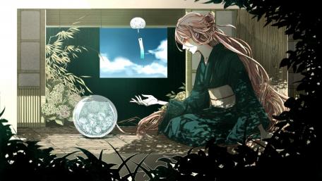 Serene Anime Girl in Kimono by the Fishbowl wallpaper