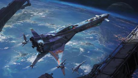 Futuristic Spacecraft Soaring Over Distant Worlds wallpaper