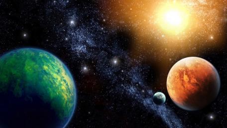 Vibrant Cosmic Landscape with Planets and Stars wallpaper
