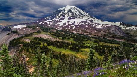 Majestic Mountain Panorama in Nature's Embrace wallpaper
