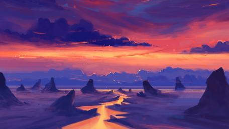 Fantasy Sunset Over Digital River in 4K wallpaper