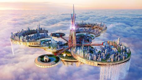 Dreaming Above the Clouds in a Futuristic Cityscape wallpaper