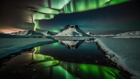 Breathtaking Aurora Borealis Over Icy Reflections wallpaper