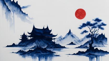 Mystical Eastern Pagoda Under a Crimson Moon wallpaper